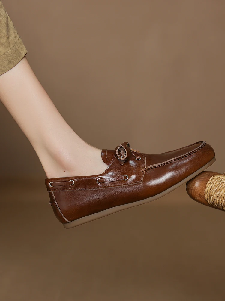 NEW 2025 Trend Women Flat Shoes Genuine Leather Spring Autumn Lady Casual Lace Up Shoes Oversizes Size Apricot Brown Women Flats
