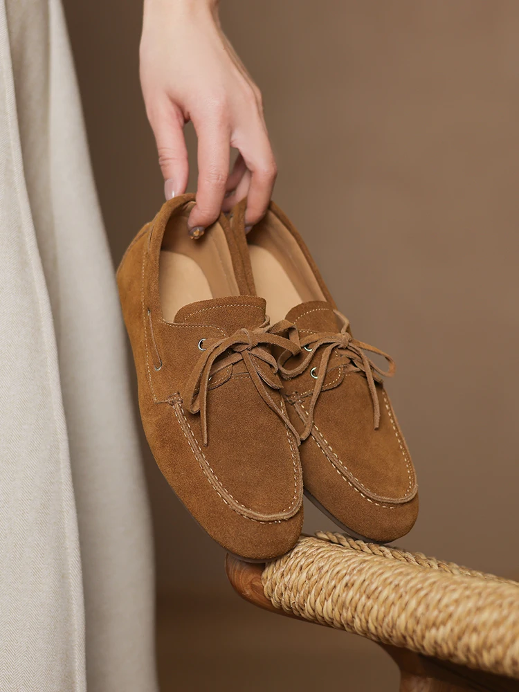NEW 2025 Trend Women Flat Shoes Genuine Leather Spring Autumn Lady Casual Lace Up Shoes Oversizes Size Apricot Brown Women Flats