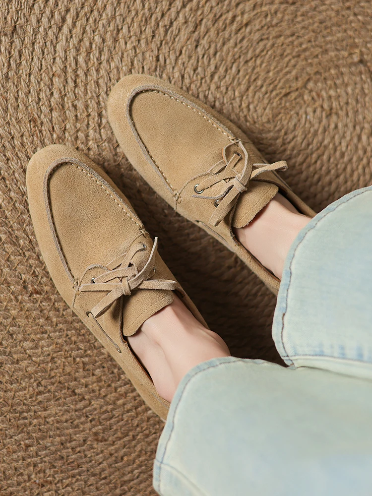 NEW 2025 Trend Women Flat Shoes Genuine Leather Spring Autumn Lady Casual Lace Up Shoes Oversizes Size Apricot Brown Women Flats
