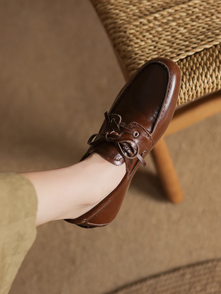 NEW 2025 Trend Women Flat Shoes Genuine Leather Spring Autumn Lady Casual Lace Up Shoes Oversizes Size Apricot Brown Women Flats