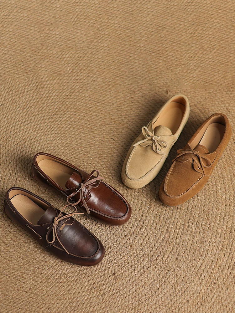 NEW 2025 Trend Women Flat Shoes Genuine Leather Spring Autumn Lady Casual Lace Up Shoes Oversizes Size Apricot Brown Women Flats