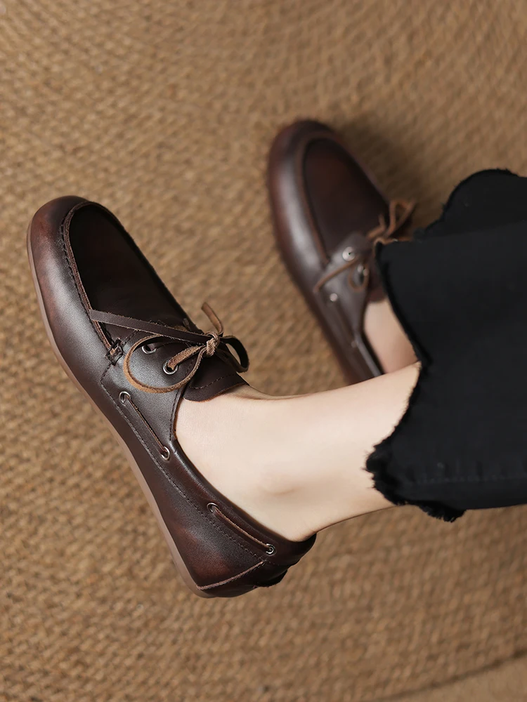 NEW 2025 Trend Women Flat Shoes Genuine Leather Spring Autumn Lady Casual Lace Up Shoes Oversizes Size Apricot Brown Women Flats