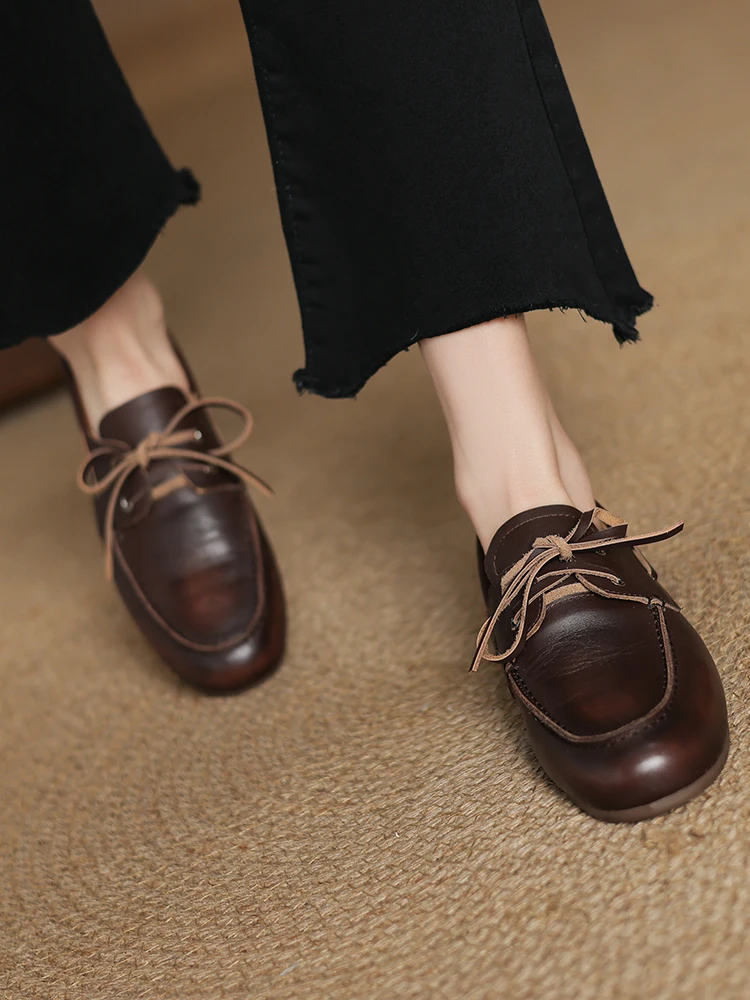NEW 2025 Trend Women Flat Shoes Genuine Leather Spring Autumn Lady Casual Lace Up Shoes Oversizes Size Apricot Brown Women Flats