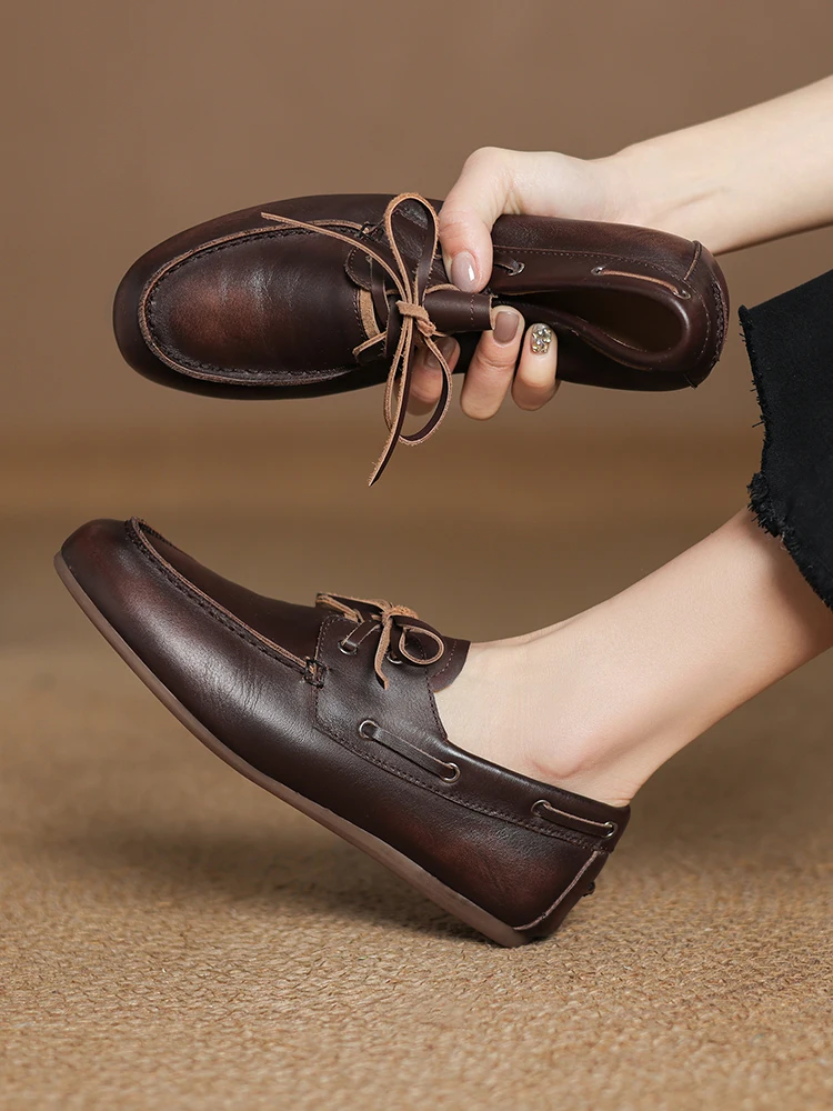 NEW 2025 Trend Women Flat Shoes Genuine Leather Spring Autumn Lady Casual Lace Up Shoes Oversizes Size Apricot Brown Women Flats