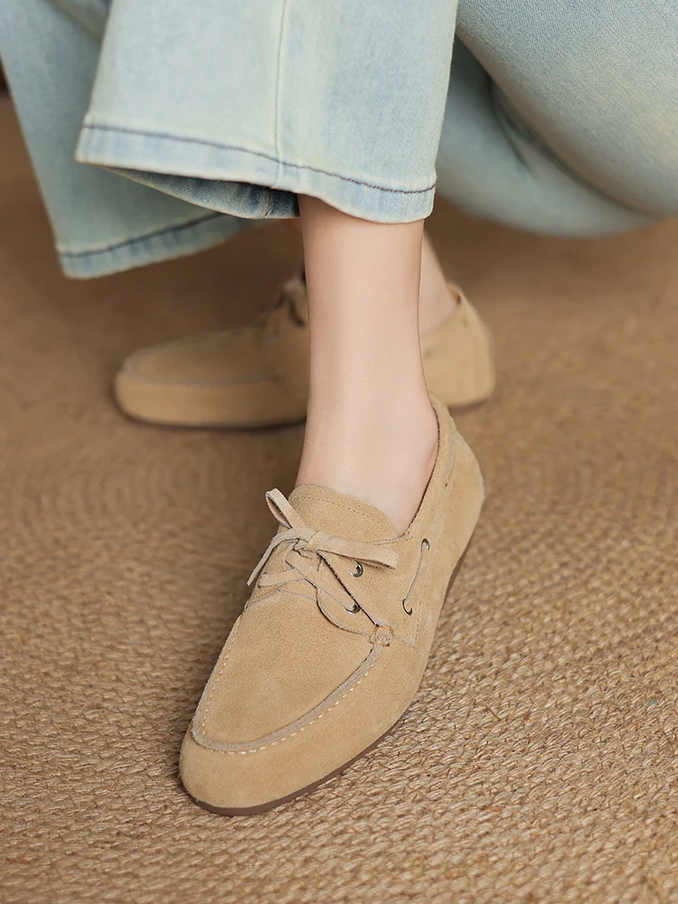NEW 2025 Trend Women Flat Shoes Genuine Leather Spring Autumn Lady Casual Lace Up Shoes Oversizes Size Apricot Brown Women Flats