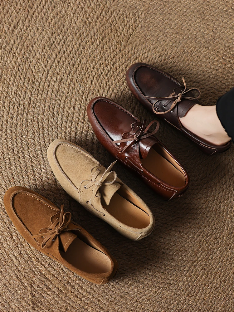 NEW 2025 Trend Women Flat Shoes Genuine Leather Spring Autumn Lady Casual Lace Up Shoes Oversizes Size Apricot Brown Women Flats