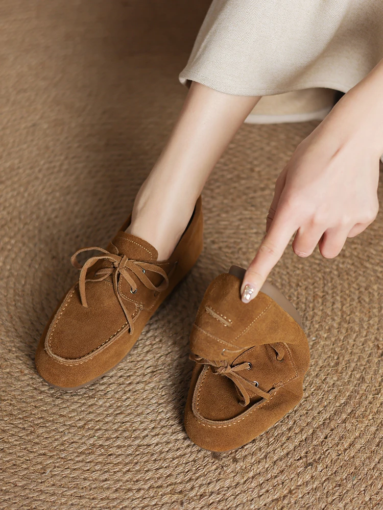 NEW 2025 Trend Women Flat Shoes Genuine Leather Spring Autumn Lady Casual Lace Up Shoes Oversizes Size Apricot Brown Women Flats