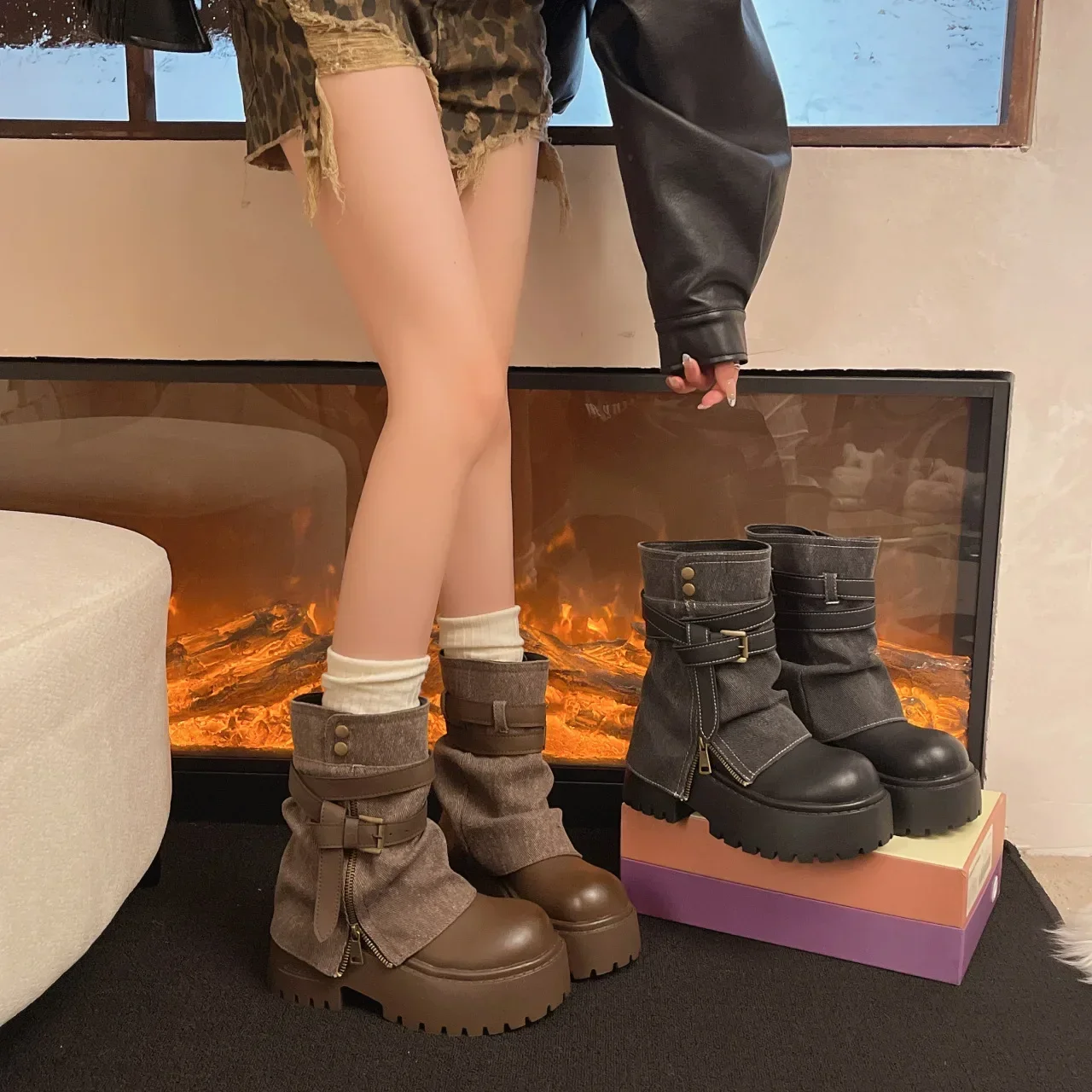 Ankle Boots for Women Cowboy Flats Platform Shoes Fashion Designer Zipper Winter Gothic Boots New Walking Dress Mujer Botas