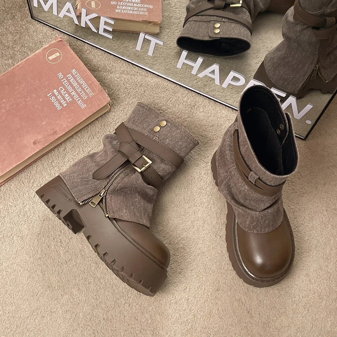 Ankle Boots for Women Cowboy Flats Platform Shoes Fashion Designer Zipper Winter Gothic Boots New Walking Dress Mujer Botas
