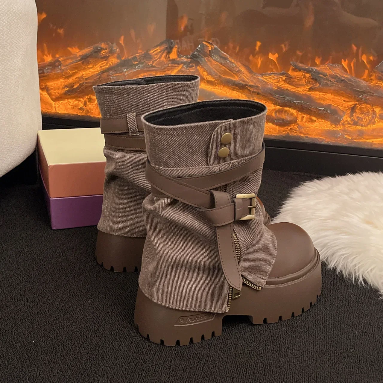 Ankle Boots for Women Cowboy Flats Platform Shoes Fashion Designer Zipper Winter Gothic Boots New Walking Dress Mujer Botas