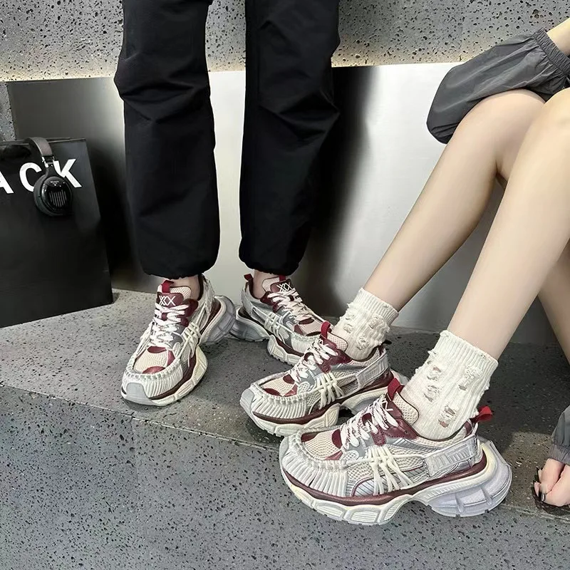 Women 2026 Spring and Autumn Couple New Color Polishing Old Straps Dirty Retro Thick Sole Heightening Fashion Sports Dad Shoes