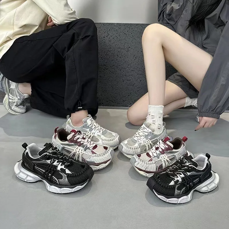Women 2026 Spring and Autumn Couple New Color Polishing Old Straps Dirty Retro Thick Sole Heightening Fashion Sports Dad Shoes