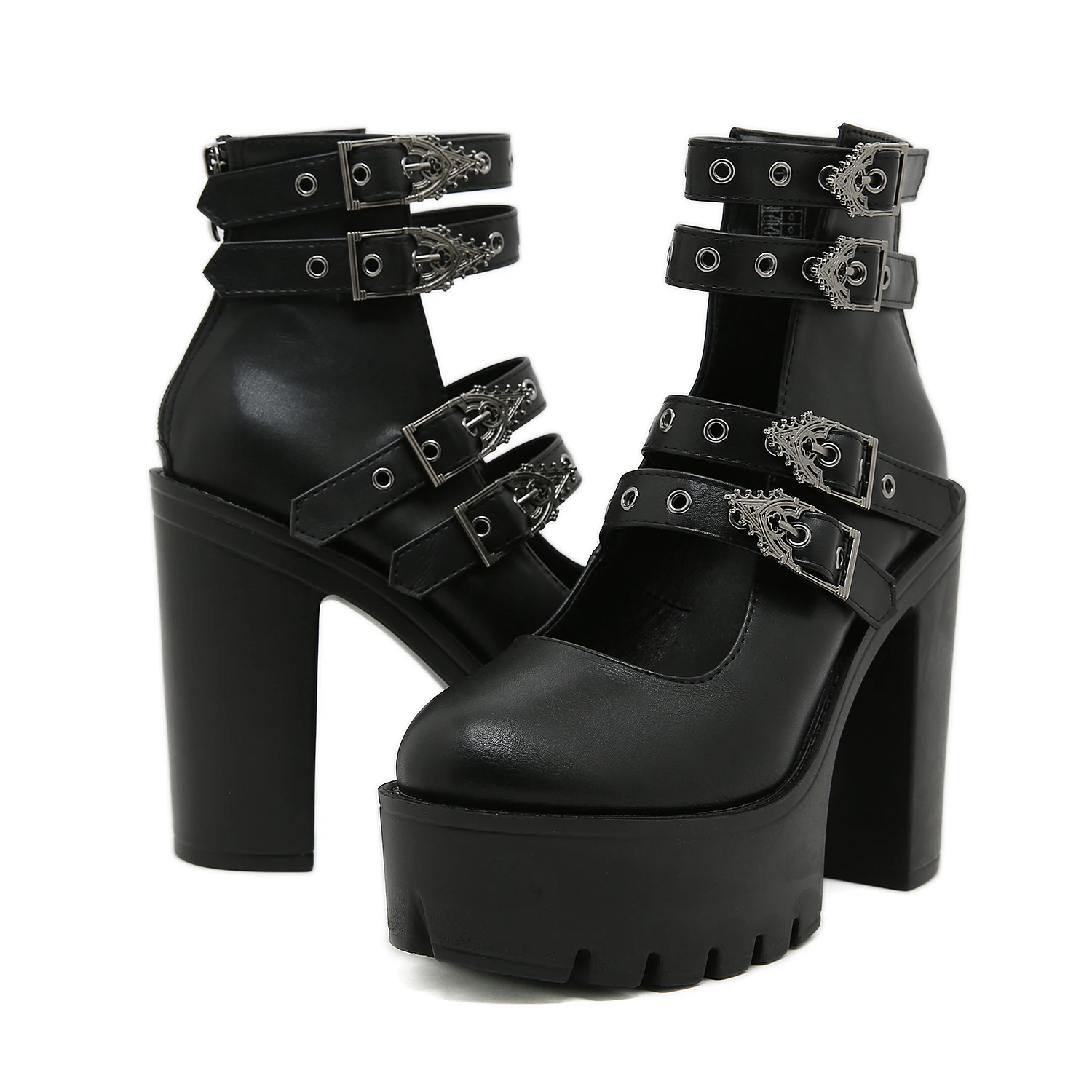 Gdgydh Goth Style Women Block Heels for Halloween Fashion Buckle Strap Dress Pumps Platform Mary Jane Shoes Stylish Back Zipper