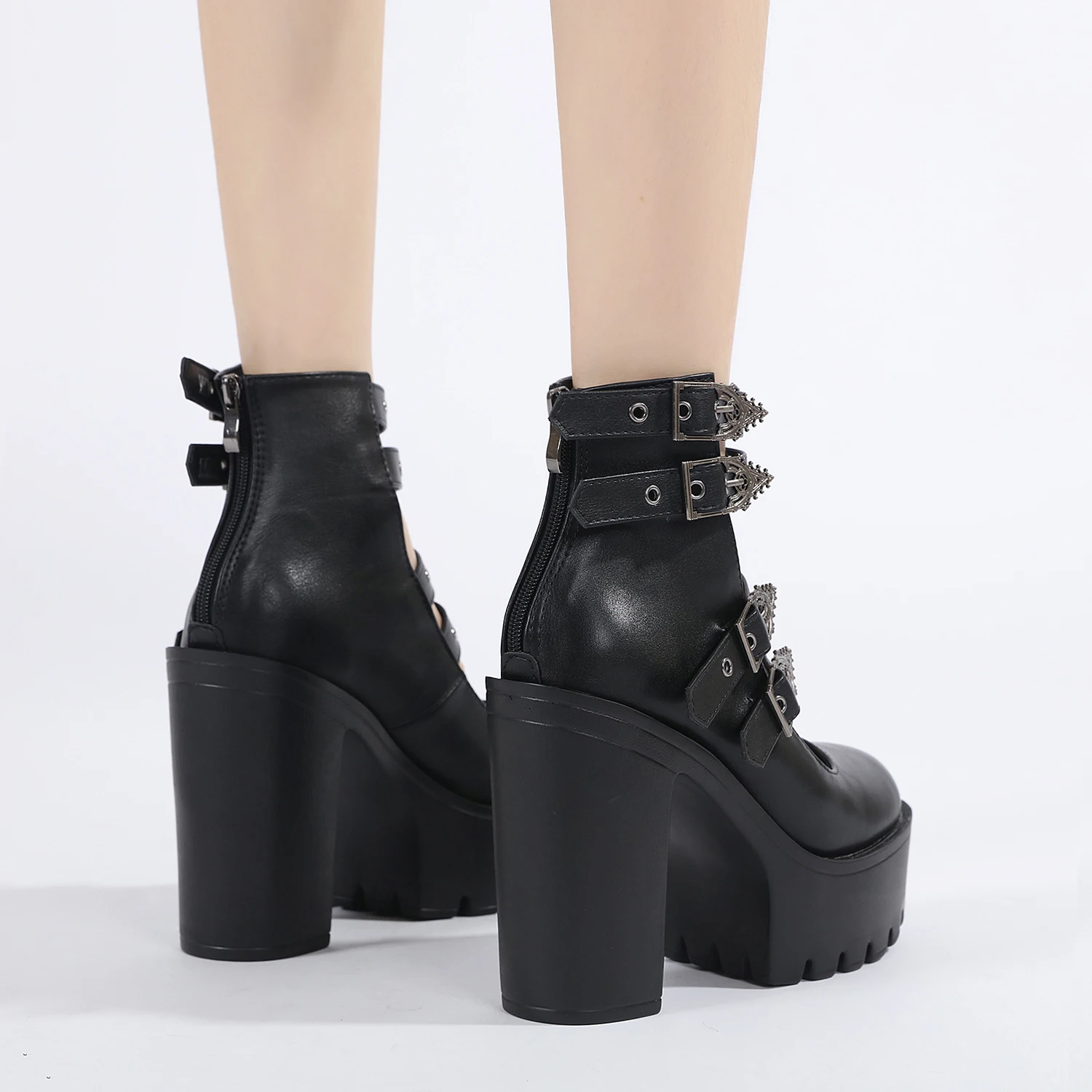 Gdgydh Goth Style Women Block Heels for Halloween Fashion Buckle Strap Dress Pumps Platform Mary Jane Shoes Stylish Back Zipper