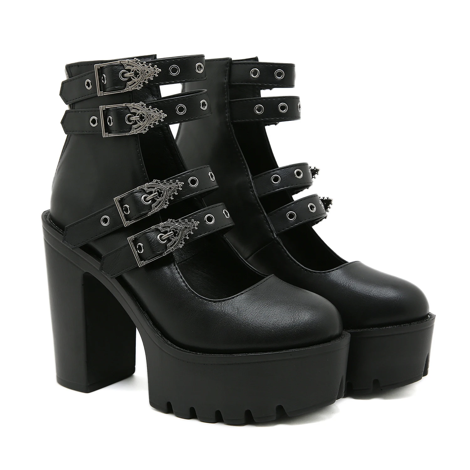 Gdgydh Goth Style Women Block Heels for Halloween Fashion Buckle Strap Dress Pumps Platform Mary Jane Shoes Stylish Back Zipper