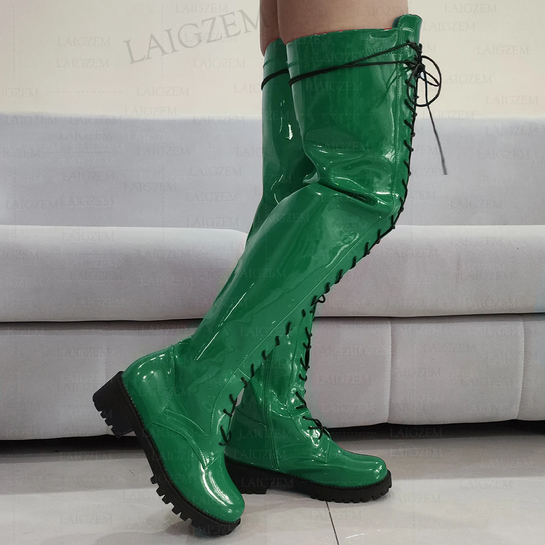 LAIGZEM Women Over Knee Boots Shiny Side Zip Round Toe Mid Heels Boots Tall Unisex Ladies Shoes Woman Big Size 33 42 44