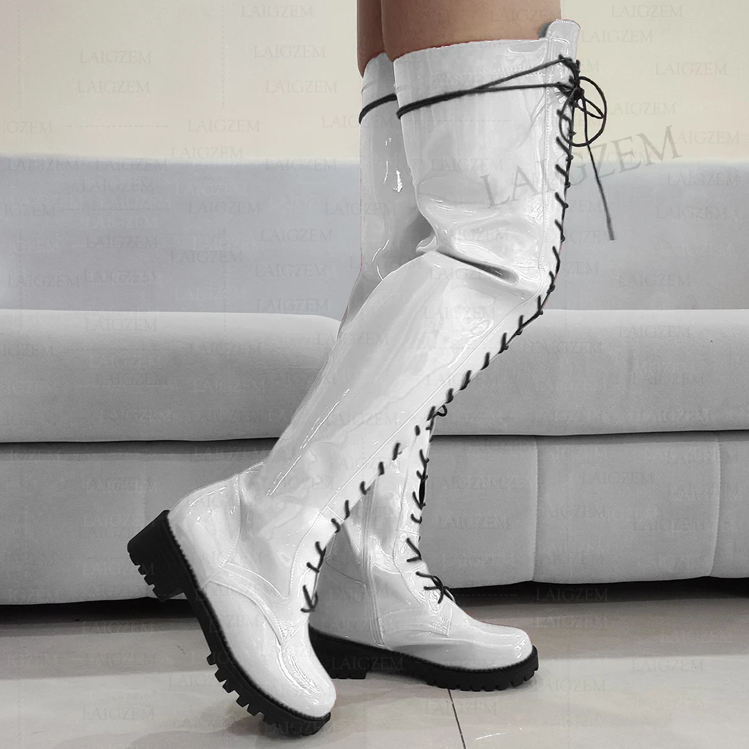 LAIGZEM Women Over Knee Boots Shiny Side Zip Round Toe Mid Heels Boots Tall Unisex Ladies Shoes Woman Big Size 33 42 44