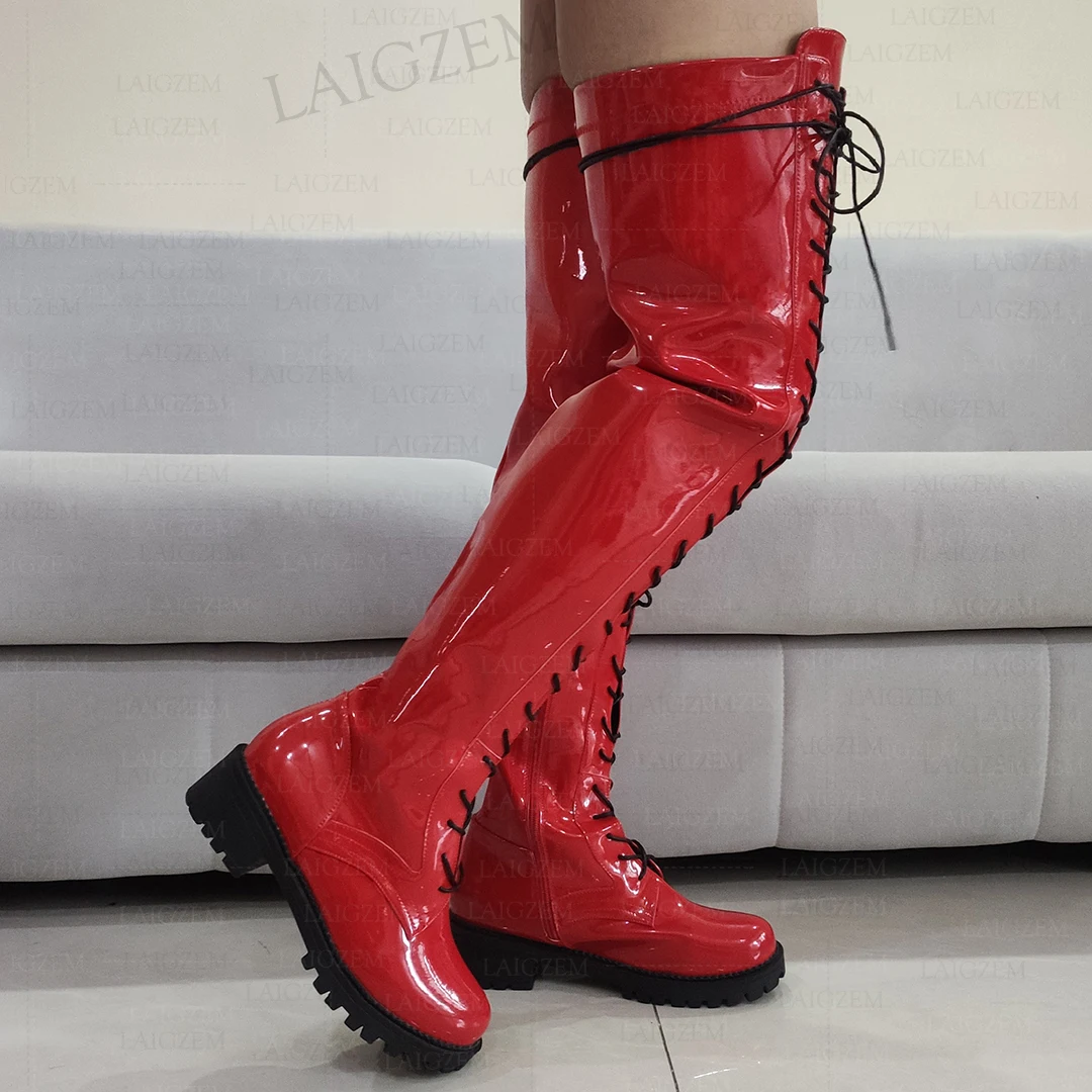 LAIGZEM Women Over Knee Boots Shiny Side Zip Round Toe Mid Heels Boots Tall Unisex Ladies Shoes Woman Big Size 33 42 44