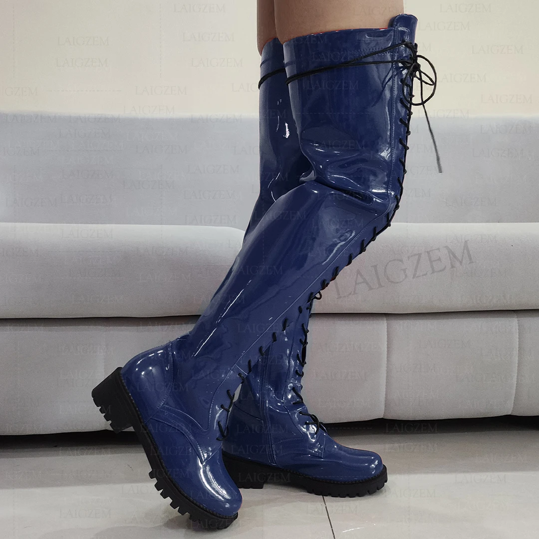 LAIGZEM Women Over Knee Boots Shiny Side Zip Round Toe Mid Heels Boots Tall Unisex Ladies Shoes Woman Big Size 33 42 44