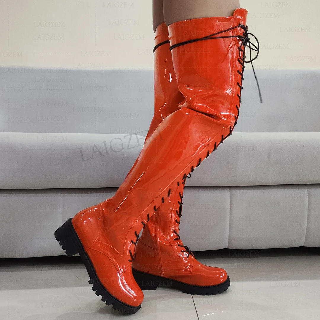 LAIGZEM Women Over Knee Boots Shiny Side Zip Round Toe Mid Heels Boots Tall Unisex Ladies Shoes Woman Big Size 33 42 44