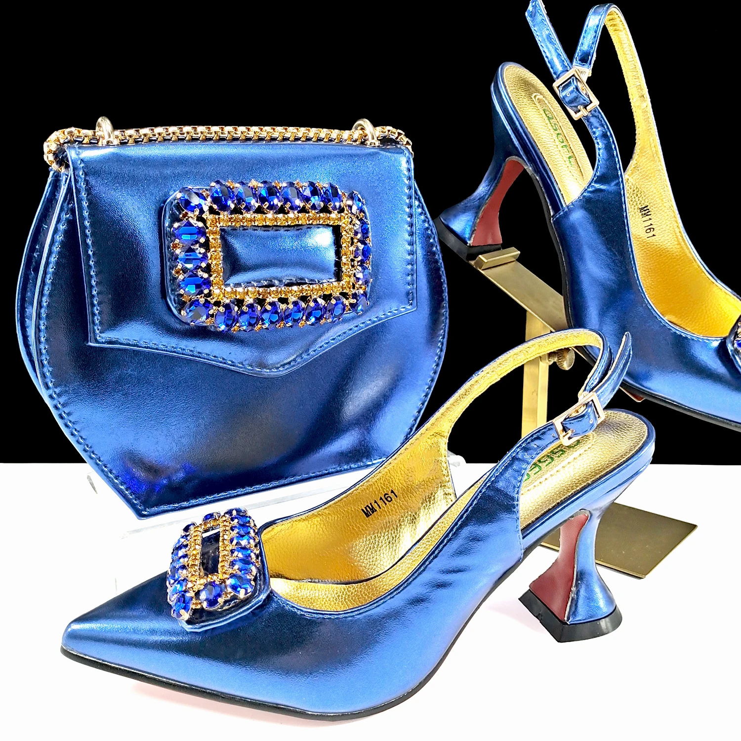 New Arrival Mature Style Purple Color Party Wedding Pointed Toe High Heel Women Shoes and Bag Set Decorated With Rhinestoe
