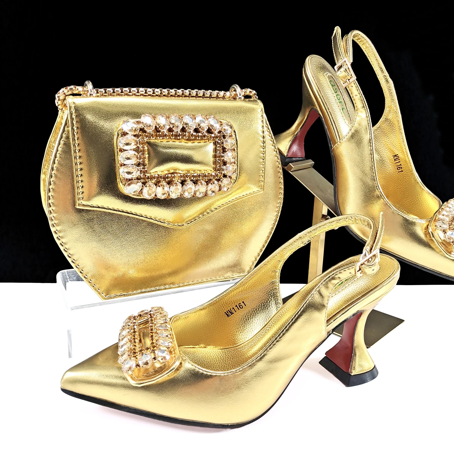 New Arrival Mature Style Purple Color Party Wedding Pointed Toe High Heel Women Shoes and Bag Set Decorated With Rhinestoe