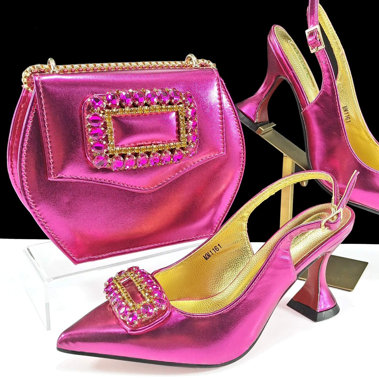 New Arrival Mature Style Purple Color Party Wedding Pointed Toe High Heel Women Shoes and Bag Set Decorated With Rhinestoe