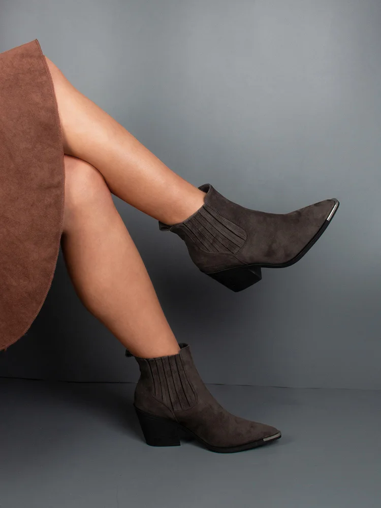 GMQM 2025 New Solid Color Western Boots Women Cowboy Booties Ankle Block Heels Wide Calf Pointed Toe Slip On Casual Brown Shoes