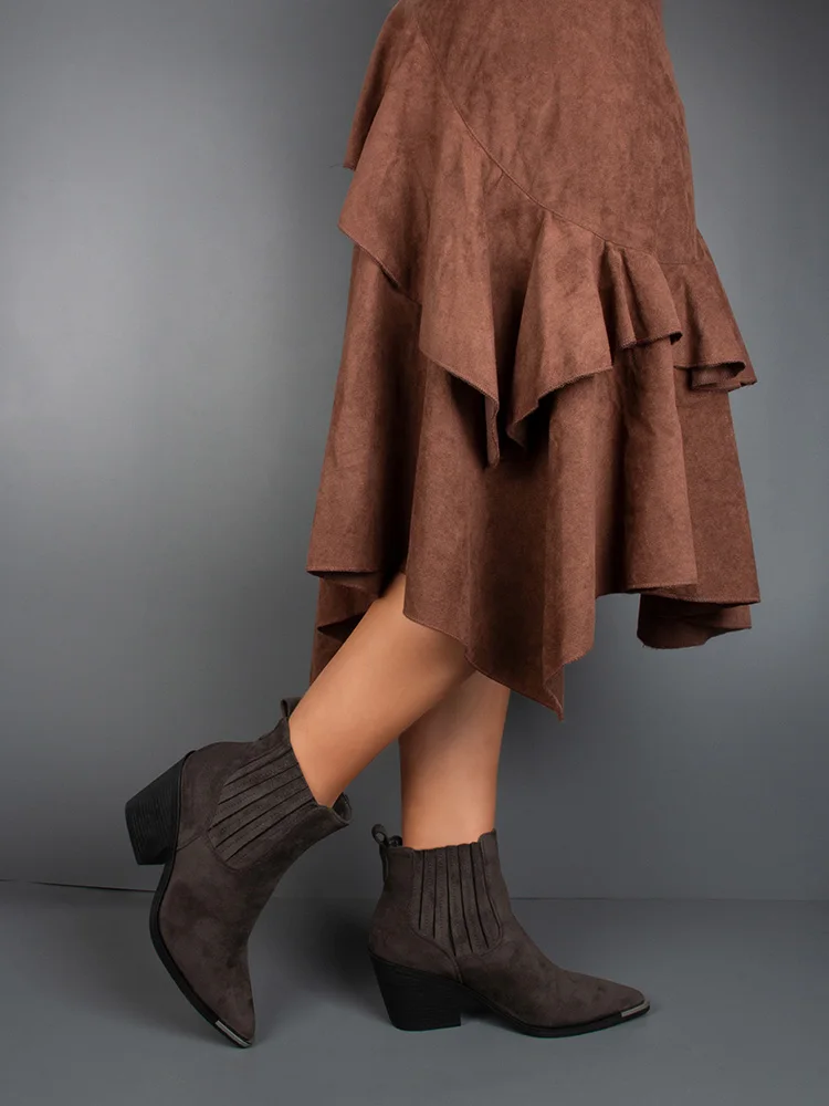 GMQM 2025 New Solid Color Western Boots Women Cowboy Booties Ankle Block Heels Wide Calf Pointed Toe Slip On Casual Brown Shoes
