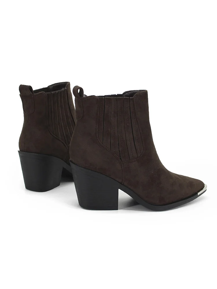 GMQM 2025 New Solid Color Western Boots Women Cowboy Booties Ankle Block Heels Wide Calf Pointed Toe Slip On Casual Brown Shoes