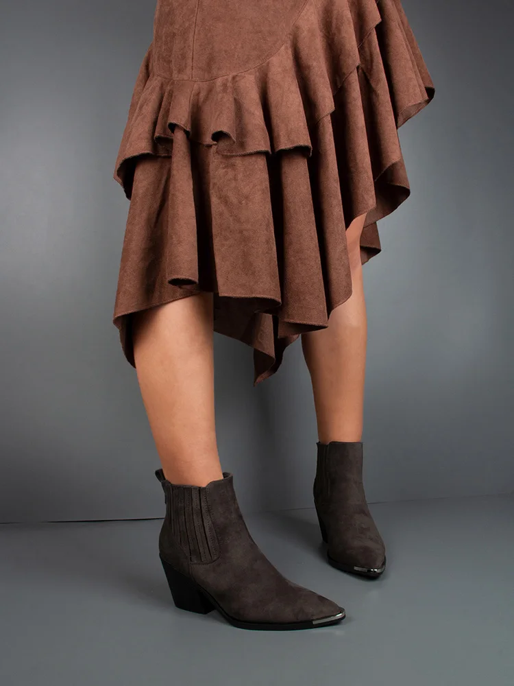 GMQM 2025 New Solid Color Western Boots Women Cowboy Booties Ankle Block Heels Wide Calf Pointed Toe Slip On Casual Brown Shoes