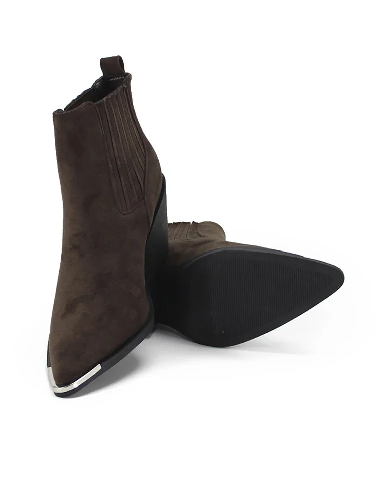 GMQM 2025 New Solid Color Western Boots Women Cowboy Booties Ankle Block Heels Wide Calf Pointed Toe Slip On Casual Brown Shoes