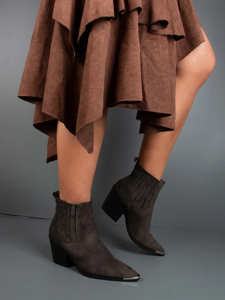 GMQM 2025 New Solid Color Western Boots Women Cowboy Booties Ankle Block Heels Wide Calf Pointed Toe Slip On Casual Brown Shoes
