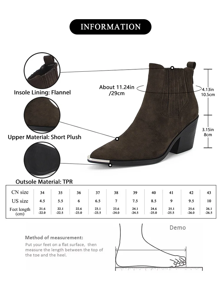 GMQM 2025 New Solid Color Western Boots Women Cowboy Booties Ankle Block Heels Wide Calf Pointed Toe Slip On Casual Brown Shoes