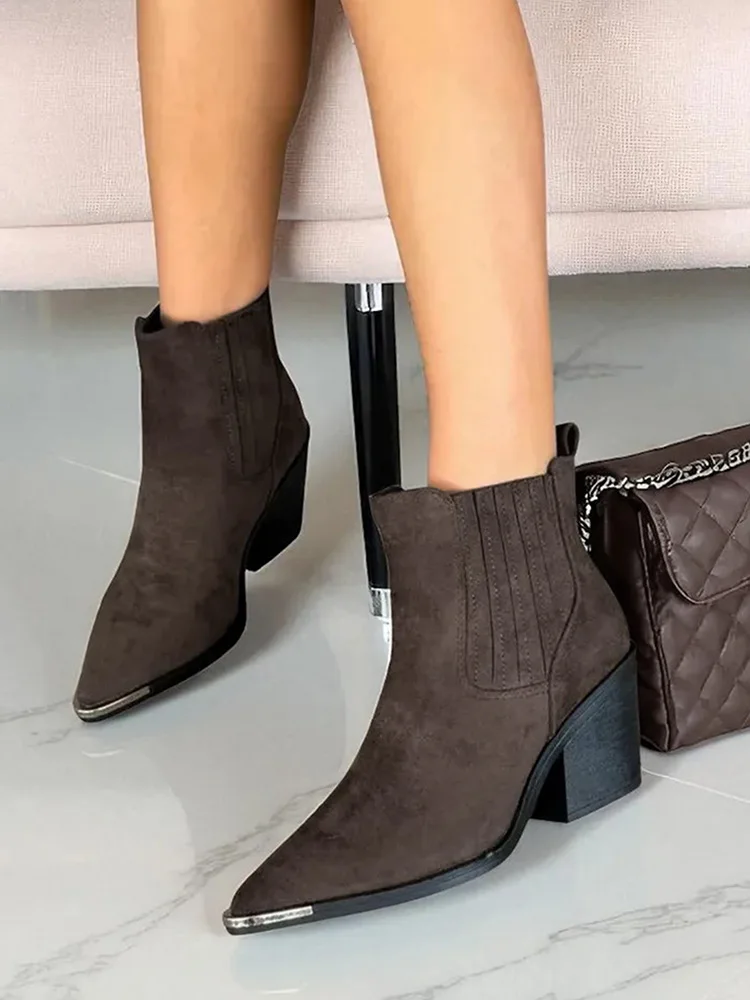 GMQM 2025 New Solid Color Western Boots Women Cowboy Booties Ankle Block Heels Wide Calf Pointed Toe Slip On Casual Brown Shoes