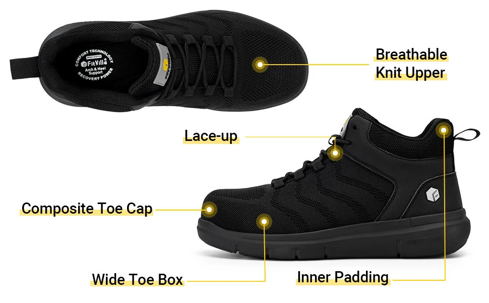 FitVille Men's High Top Safety Work Boots, Wide Width Composite Steel Toe Waterproof Anti-slip Outdoor Footwear for Construction Work