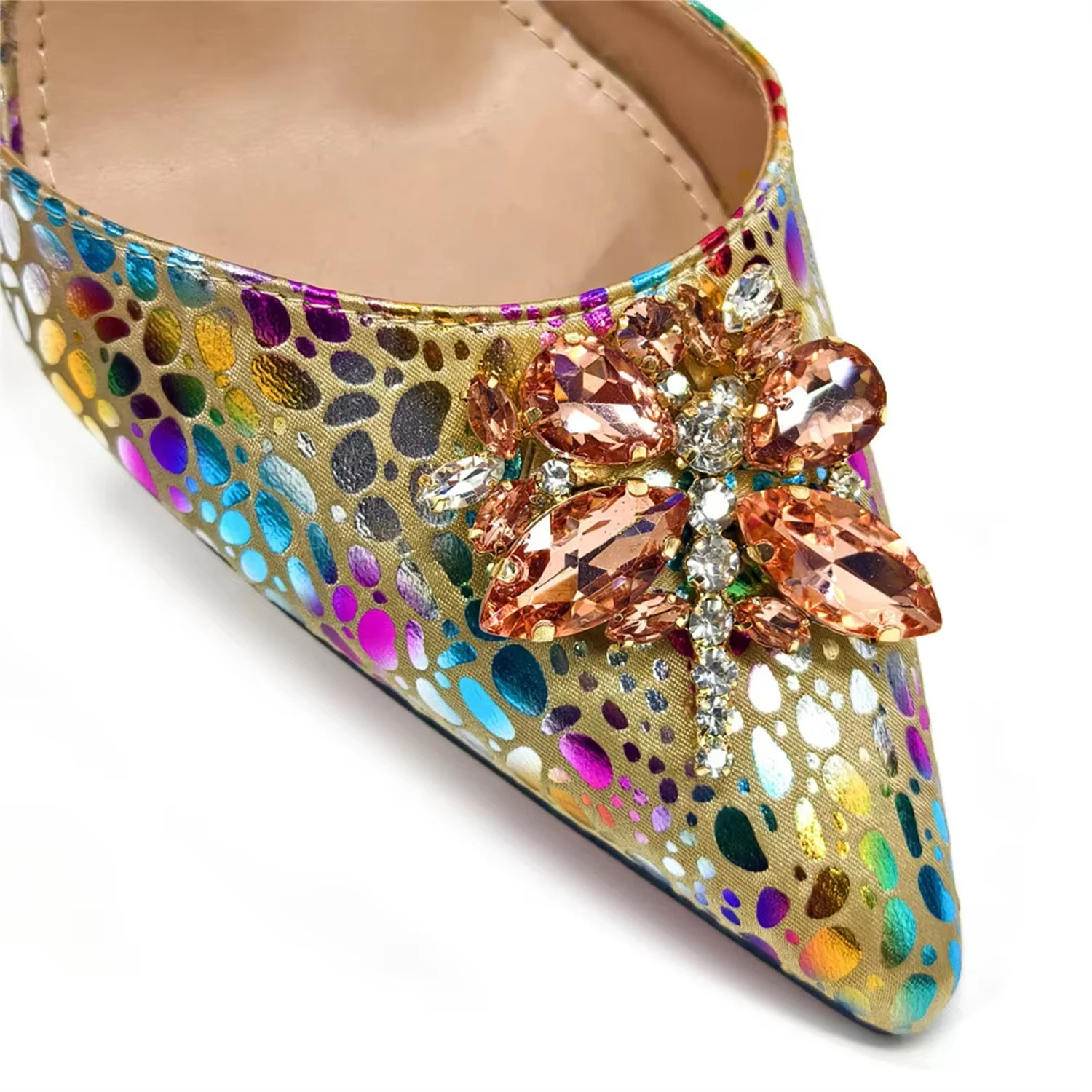 Venus Chan Elegant Rhinestone Heels & Matching Bag Set, Colorful Print Pointed Toe Block Heels for Banquet Club Night
