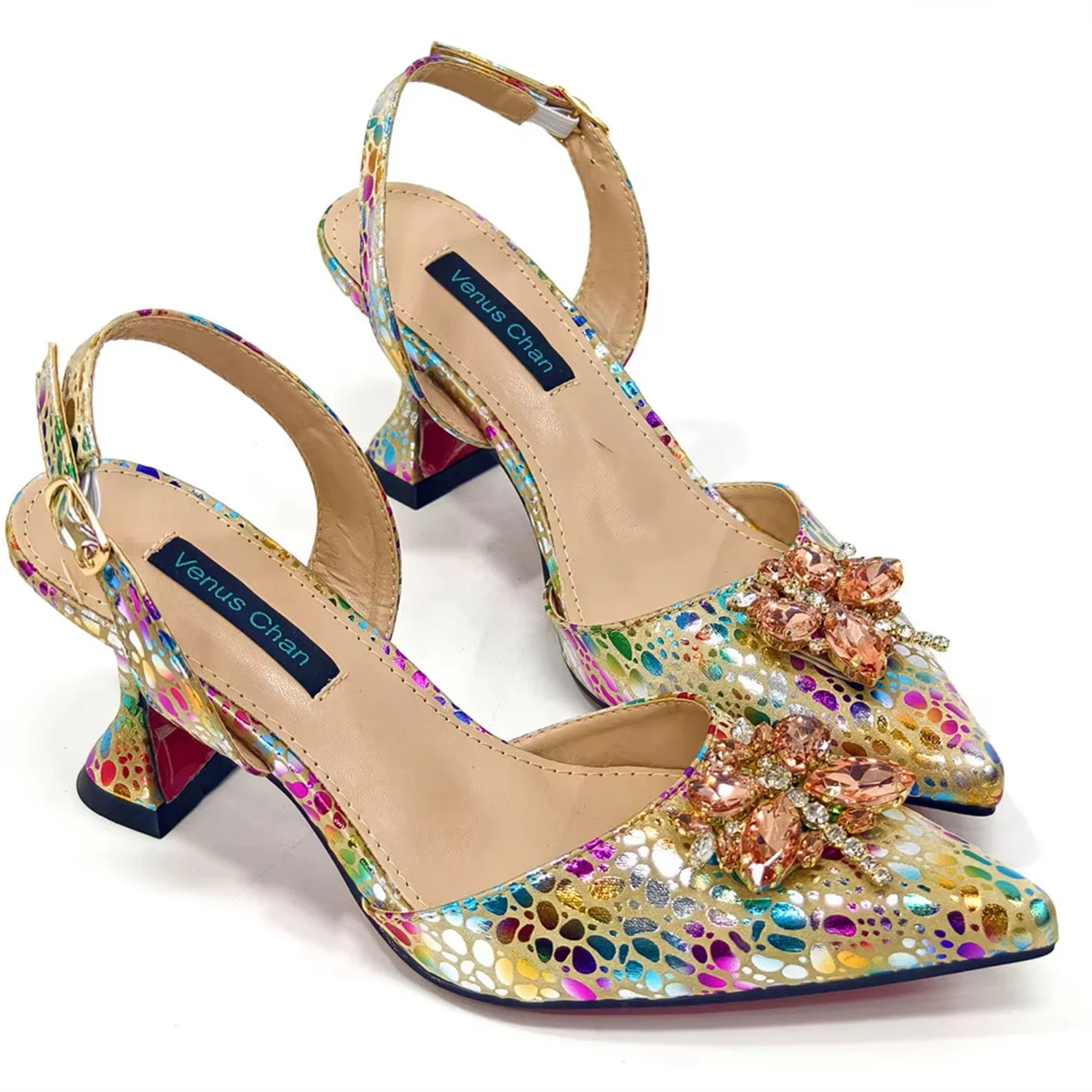 Venus Chan Elegant Rhinestone Heels & Matching Bag Set, Colorful Print Pointed Toe Block Heels for Banquet Club Night