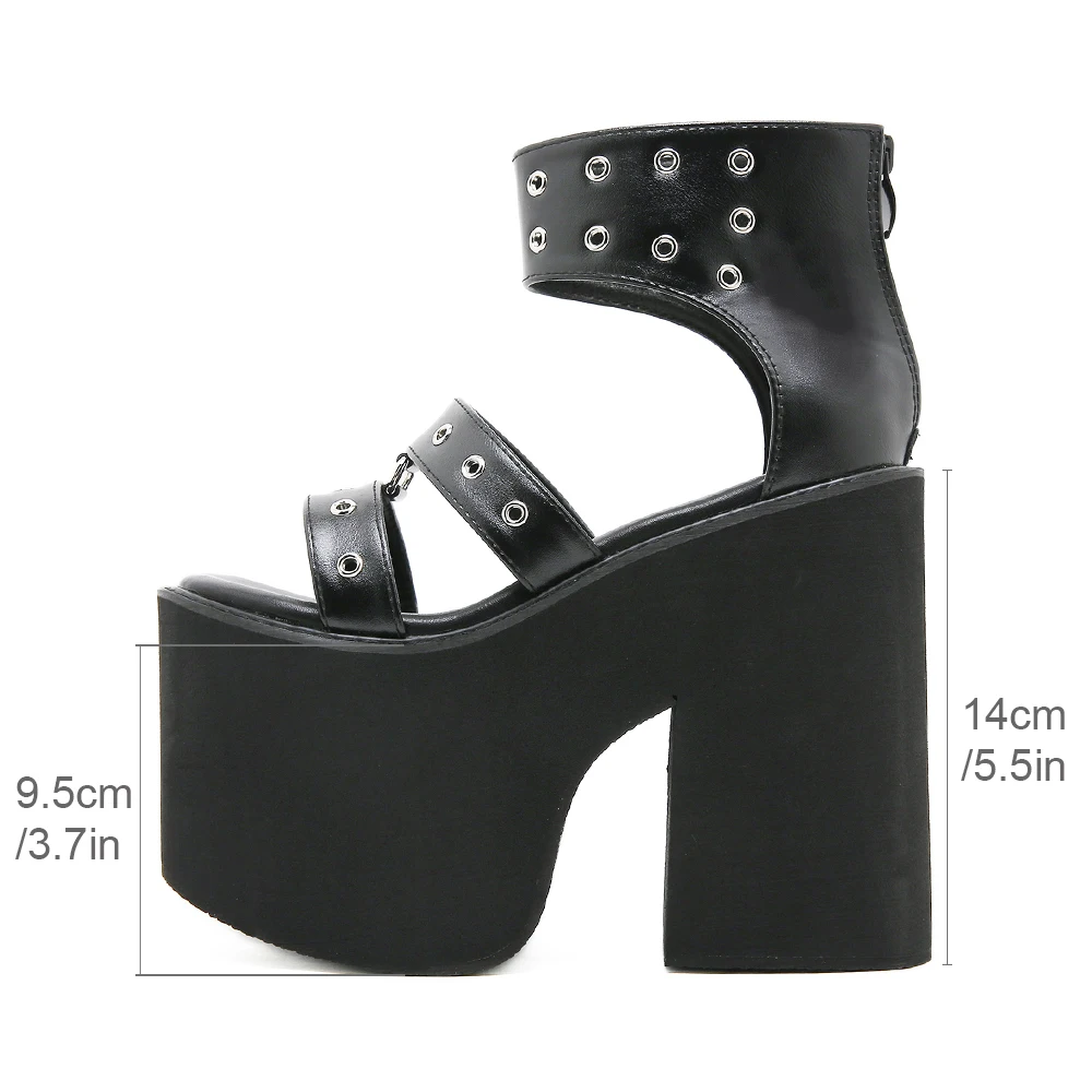 Gdgydh Black Punk Gothic Platform Sandals Open Toe Buckle Strappy Sexy Rivets Thick Heels Footwear Summer Shoes for Women