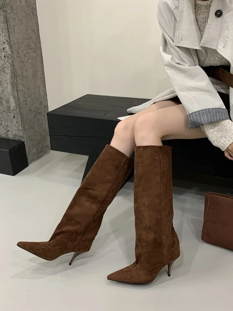 Eilyken Autumn Winter Retro Thin Heels Women Knee High Boots Fashion Sexy Pointed Toe Stripper Party Shoes Zapatos De Mujes