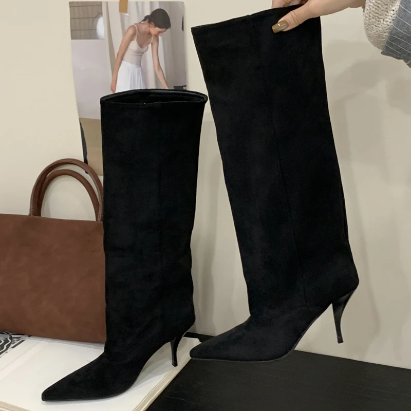 Eilyken Autumn Winter Retro Thin Heels Women Knee High Boots Fashion Sexy Pointed Toe Stripper Party Shoes Zapatos De Mujes
