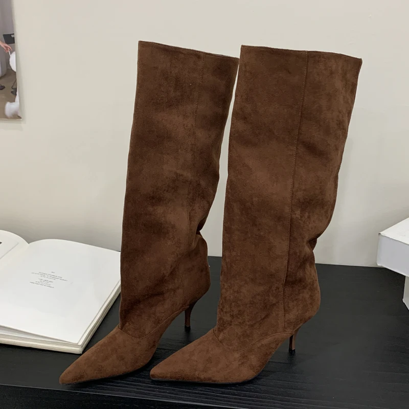 Eilyken Autumn Winter Retro Thin Heels Women Knee High Boots Fashion Sexy Pointed Toe Stripper Party Shoes Zapatos De Mujes