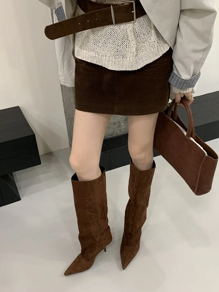 Eilyken Autumn Winter Retro Thin Heels Women Knee High Boots Fashion Sexy Pointed Toe Stripper Party Shoes Zapatos De Mujes