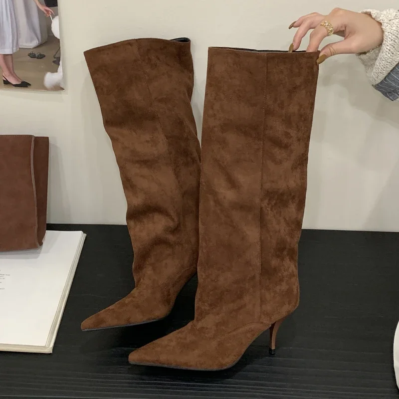 Eilyken Autumn Winter Retro Thin Heels Women Knee High Boots Fashion Sexy Pointed Toe Stripper Party Shoes Zapatos De Mujes