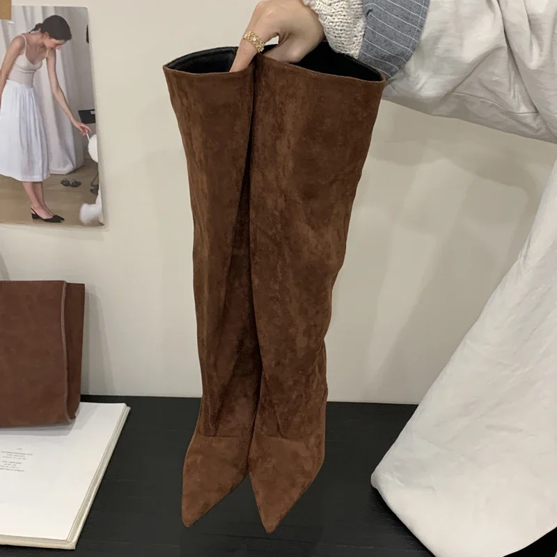 Eilyken Autumn Winter Retro Thin Heels Women Knee High Boots Fashion Sexy Pointed Toe Stripper Party Shoes Zapatos De Mujes