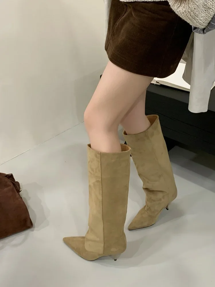 Eilyken Autumn Winter Retro Thin Heels Women Knee High Boots Fashion Sexy Pointed Toe Stripper Party Shoes Zapatos De Mujes