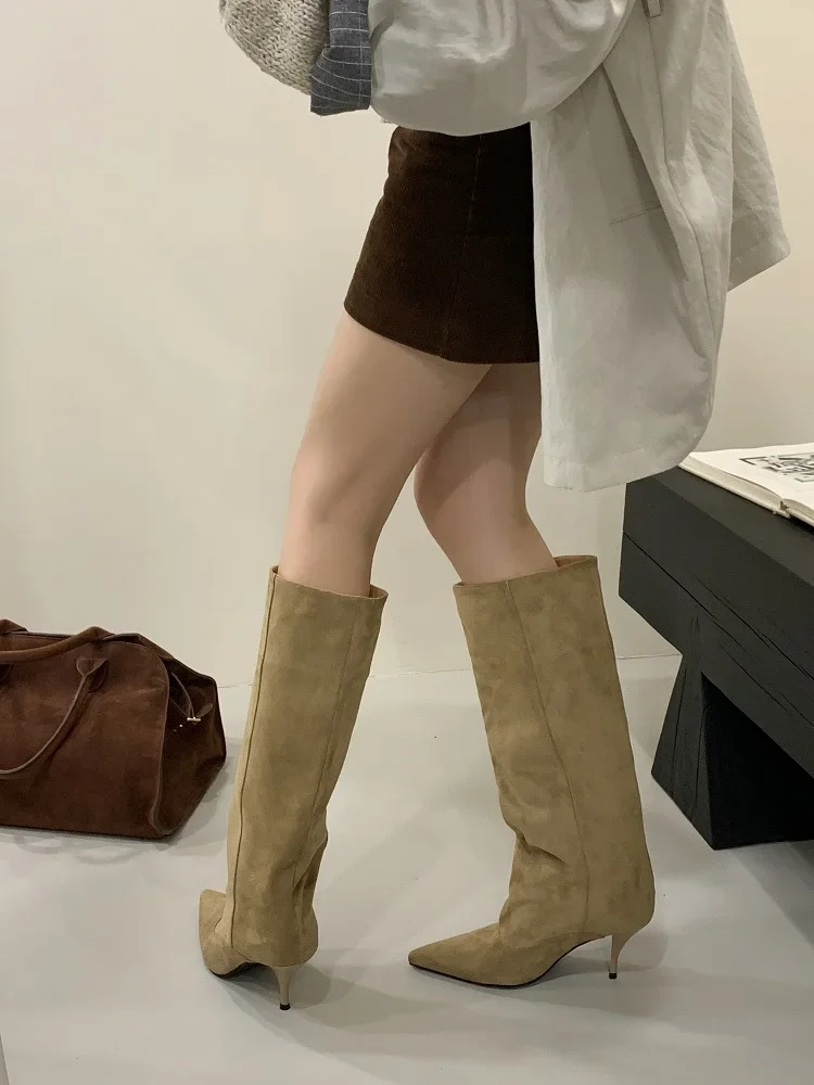 Eilyken Autumn Winter Retro Thin Heels Women Knee High Boots Fashion Sexy Pointed Toe Stripper Party Shoes Zapatos De Mujes