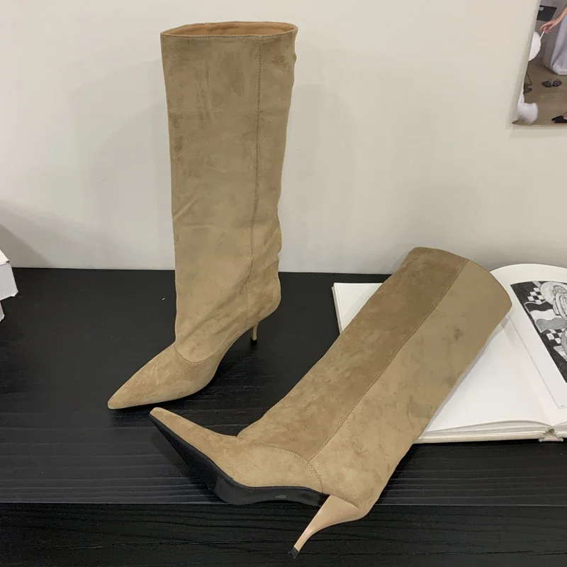 Eilyken Autumn Winter Retro Thin Heels Women Knee High Boots Fashion Sexy Pointed Toe Stripper Party Shoes Zapatos De Mujes