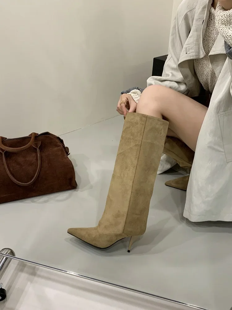 Eilyken Autumn Winter Retro Thin Heels Women Knee High Boots Fashion Sexy Pointed Toe Stripper Party Shoes Zapatos De Mujes