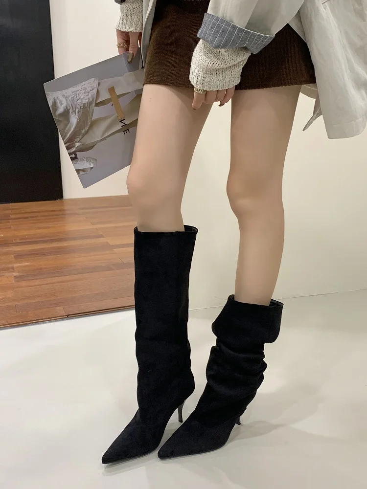 Eilyken Autumn Winter Retro Thin Heels Women Knee High Boots Fashion Sexy Pointed Toe Stripper Party Shoes Zapatos De Mujes